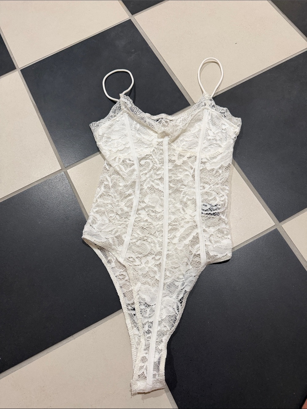 SHEIN Ivory Lace Spaghetti-Strap Bodysuit